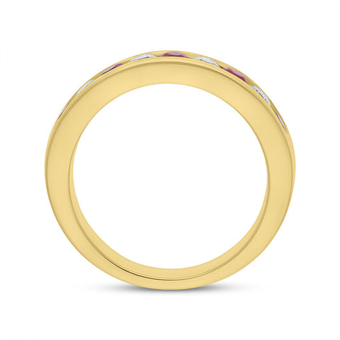 18ct Yellow Gold Ruby Diamond Channel Set Half Eternity Ring