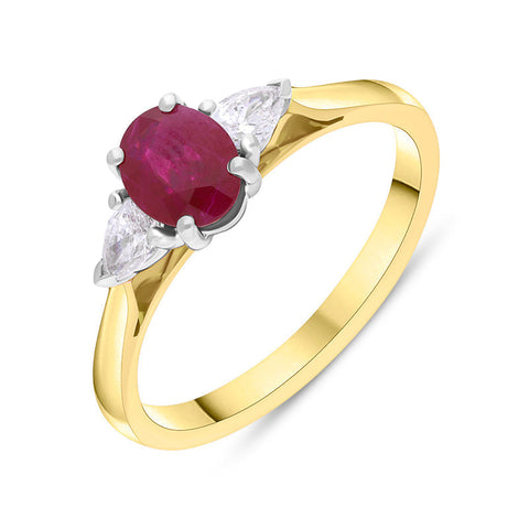 18ct Yellow Gold Ruby Diamond Oval Cut Three Stone Ring FEU-2864