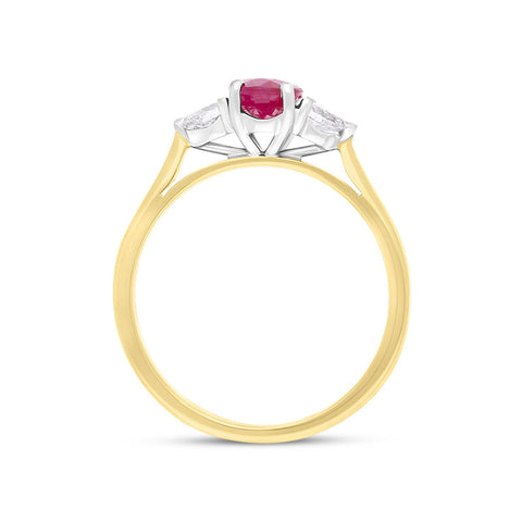 18ct Yellow Gold Ruby Diamond Oval Cut Three Stone Ring