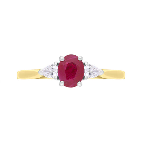18ct Yellow Gold Ruby Diamond Oval Cut Three Stone Ring