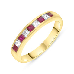 18ct Yellow Gold Ruby Diamond Princess Cut Channel Set Eternity Ring FEU-2811