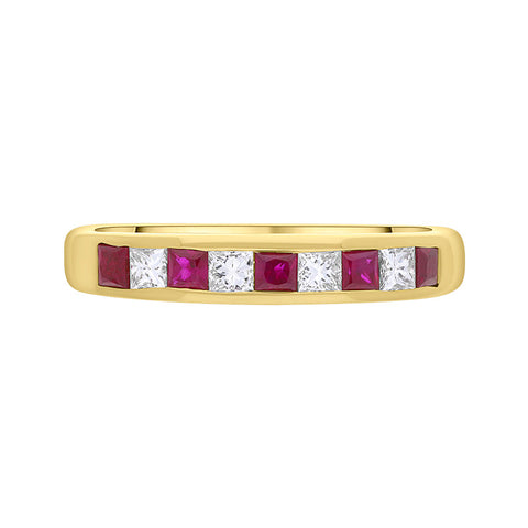 18ct Yellow Gold Ruby Diamond Princess Cut Channel Set Eternity Ring FEU-2811