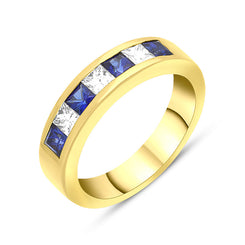 18ct Yellow Gold Sapphire Diamond Princess Cut Channel Set Half Eternity Ring, FEU-2661.