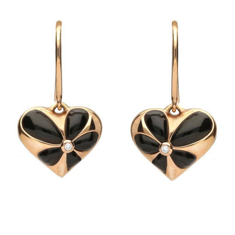 18ct Rose Gold Whitby Jet Diamond Flower Heart Two Piece Set E2051 and P3063