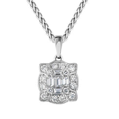 18ct White Gold Diamond Baguette Cut Cluster Pendant, FEU-2376.