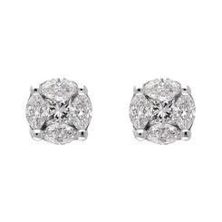 18ct White Gold Diamond Princess and Marquise Cut Cluster Stud Earrings, FEU-111.