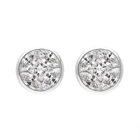 18ct White Gold Diamond Princess and Marquise Cut Cluster Stud Earrings, FEU-2523.