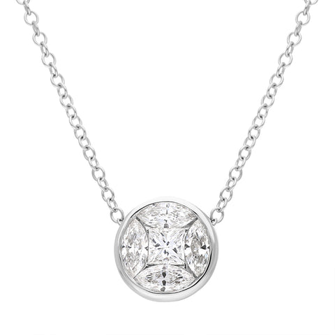18ct White Gold Diamond Princess and Marquise Cut Round Cluster Necklace, FEU-2522