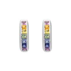 18ct White Gold Rainbow Sapphire Princess Cut Curved Stud Earrings, PJW-038