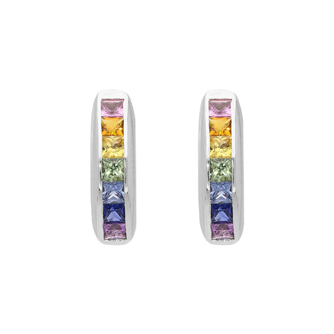 18ct White Gold Rainbow Sapphire Princess Cut Curved Stud Earrings, PJW-038