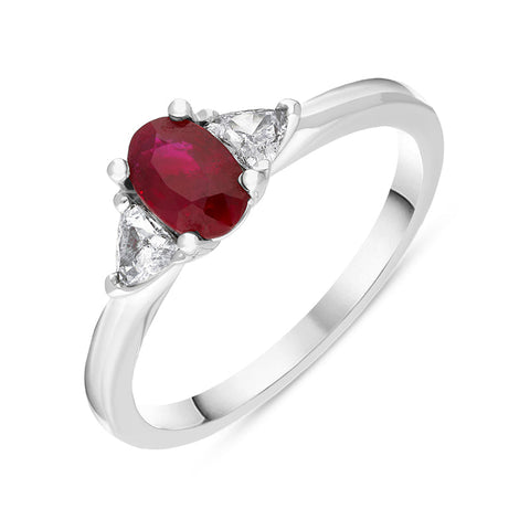 18ct White Gold Ruby Diamond Oval and Pear Cut Three Stone Ring, FEU-2481