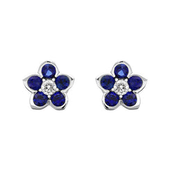 18ct White Gold Sapphire Diamond Flower Cluster Stud Earrings, FEU-2462