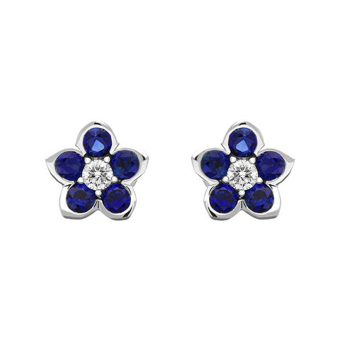 18ct White Gold Sapphire Diamond Flower Cluster Stud Earrings, FEU-2462