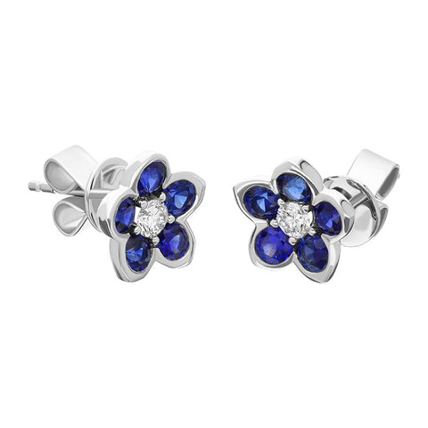 18ct White Gold Sapphire Diamond Flower Cluster Stud Earrings, FEU-2462_3