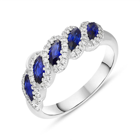 18ct White Gold Sapphire Diamond Marquise Five Stone Half Eternity Ring, FEU-2443