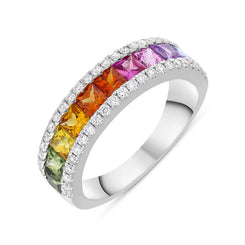 18ct White Gold Sapphire Diamond Princess Cut Multicolour Half Eternity Ring FEU-2518