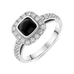 18ct White Gold Whitby Jet 0.58ct Diamond Cushion Ring. R1039.