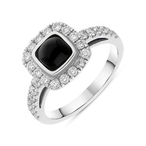 18ct White Gold Whitby Jet 0.58ct Diamond Cushion Ring. R1039.