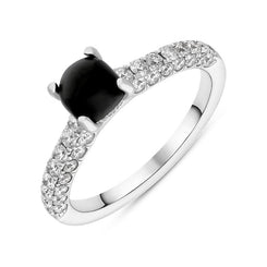 18ct White Gold Whitby Jet 0.83ct Diamond Shoulder Ring. R1091.