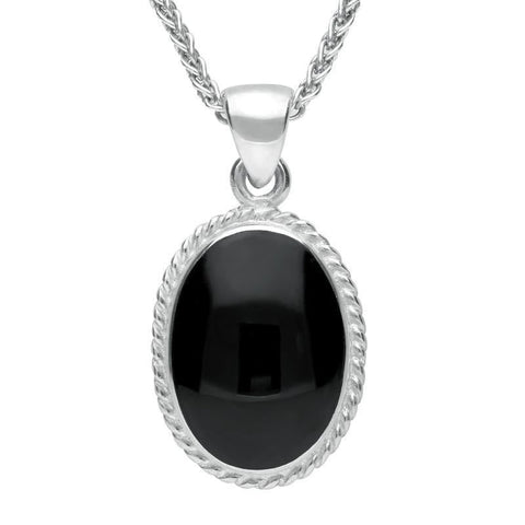 18ct White Gold Whitby Jet Heritage Rope Edge Medium Oval Pendant, P004.