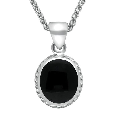18ct White Gold Whitby Jet Heritage Rope Edge Oval Pendant, P003.
