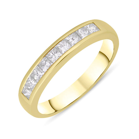 18ct Yellow Gold Diamond Princess Cut Nine Stone Half Eternity Ring, FEU-1353.