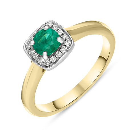 18ct Yellow Gold Emerald Diamond Pave Vintage Style Cushion Cluster Ring, FEU-2478
