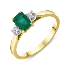 18ct Yellow Gold Emerald Diamond Three Stone Ring, FEU-1297