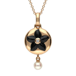 18ct Rose Gold Whitby Jet 0.007 Carat Diamond Flower Necklace p3059