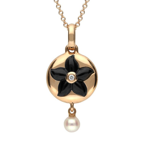 18ct Rose Gold Whitby Jet 0.007 Carat Diamond Flower Necklace p3059