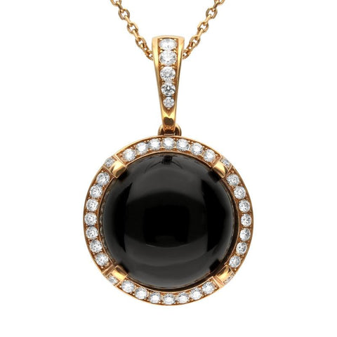 18ct Rose Gold Whitby Jet Diamond Four Claw Round Necklace DAS009