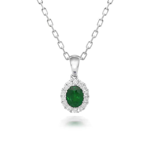18ct White Gold 0.41ct Emerald and Diamond Oval Necklace. FEU-1241.