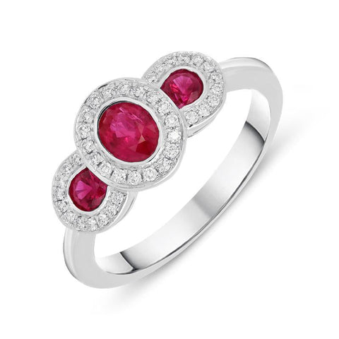 18ct White Gold 0.67ct Ruby Diamond Trilogy Cluster Ring, FEU-1794.