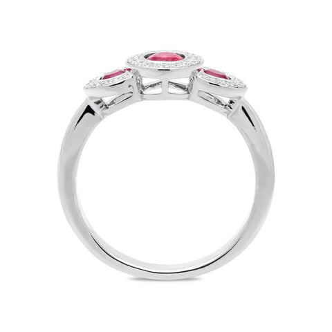 18ct White Gold 0.67ct Ruby Diamond Trilogy Cluster Ring, FEU-1794.