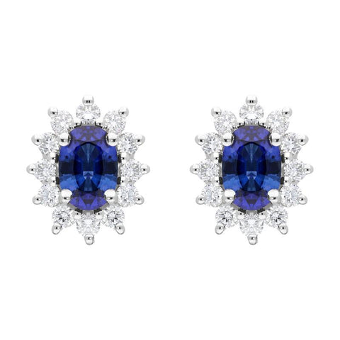 18ct White Gold 0.98ct Sapphire Diamond Oval Cut Cluster Earrings FEU-1936