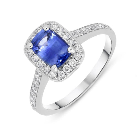 18ct White Gold 0.85ct Sapphire Diamond Cushion Cluster Ring, FEU-1802.