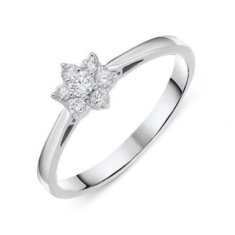 18ct White Gold Diamond Brilliant Cut Cluster Flower Ring. R946.