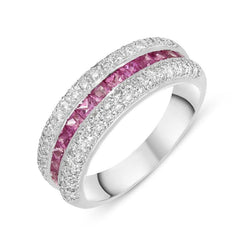 18ct White Gold Diamond Pink Sapphire Three Row Ring, PJW-204.