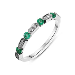18ct White Gold Emerald Diamond Vintage Style Half Eternity Ring, R945.