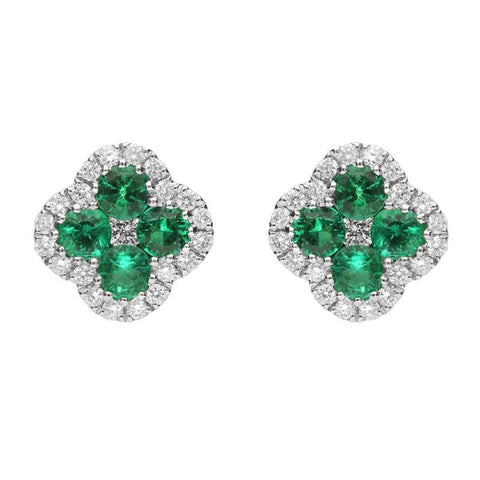 18ct White Gold Emerald and Diamond Clover Stud Earrings. 03-12-125.
