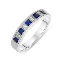 18ct White Gold Sapphire Diamond Princess Cut Half Eternity Ring, R1086.