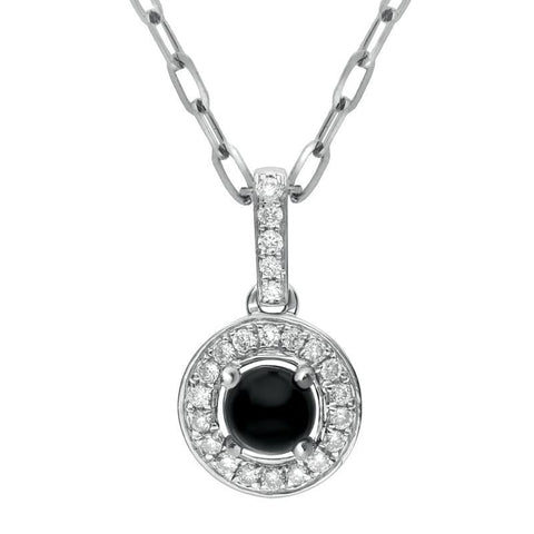 18ct White Gold Whitby Jet 0.10ct Diamond Pave Surround Necklace, P2834