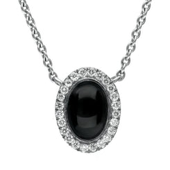 18ct White Gold Whitby Jet 0.10cts Diamond Oval Cluster Necklace, KRG-037.