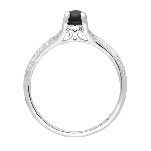 18ct White Gold Whitby Jet 0.15ct Diamond Claw Set Centre Ring R890