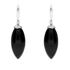 18ct White Gold Whitby Jet 0.16ct Diamond Cluster Drop Earrings. E2251.