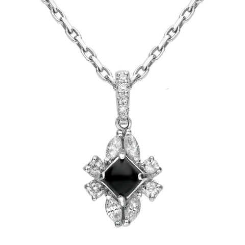 18ct White Gold Whitby Jet 0.30ct Diamond Ornate Necklace, P1549C.