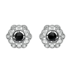 18ct White Gold Whitby Jet 0.62ct Diamond Flower Shape Stud Earrings, E1992.