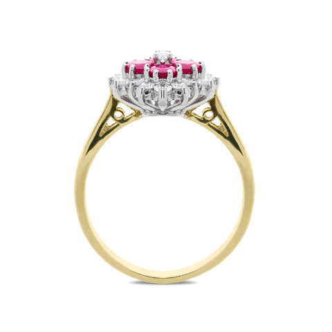 18ct Yellow Gold 0.75ct Ruby Diamond Floral Cluster Ring FEU-1104.