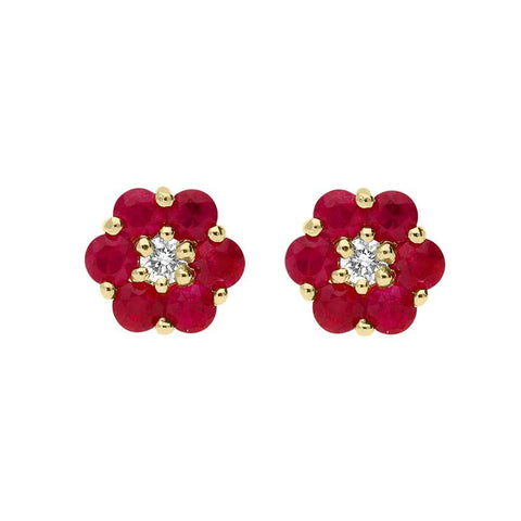 18ct Yellow Gold 0.90ct Ruby Diamond Cluster Earrings, FEU-267.