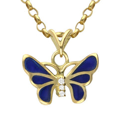 18ct Yellow Gold Diamond Blue Enamel House Style Butterfly Necklace P2939C